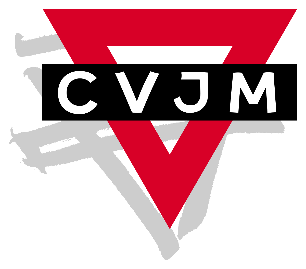 Das Logo zeigt ein rotes V in einem Dreieck mit den Buchstaben "CVJM" in weiß auf schwarzem Hintergrund.
