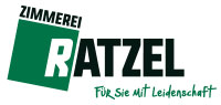 Logo der Zimmerei Ratzel mit dem Slogan "Für Sie mit Leidenschaft" in grün und weiß.