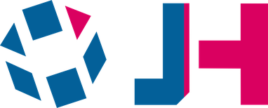 Ein Logo mit blauen und pinken geometrischen Formen und einem stilisierten "J+"-Symbol.