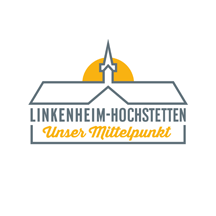 Logo mit dem Text "Linkenheim-Hochstetten - Unser Mittelpunkt" und einem stilisierten Sonnenaufgang über einem Kirchturm.