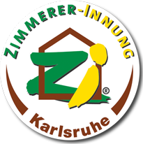 Ein Logo der Zimmerer-Innung Karlsruhe mit einem gelben Haus und einer sitzenden Figur.